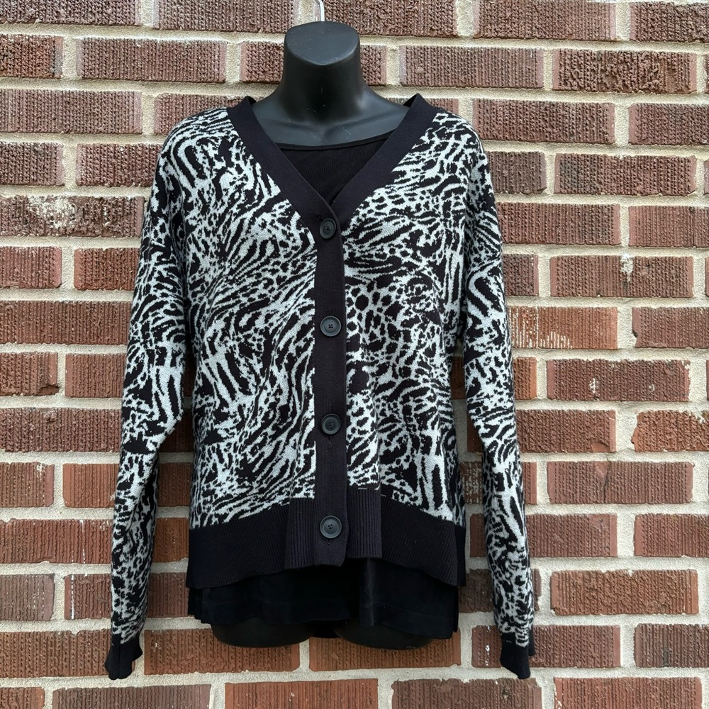 Simply Vera Cardigan Black White Printed Vera Wang Dropped Shoulder Pattern Sz L